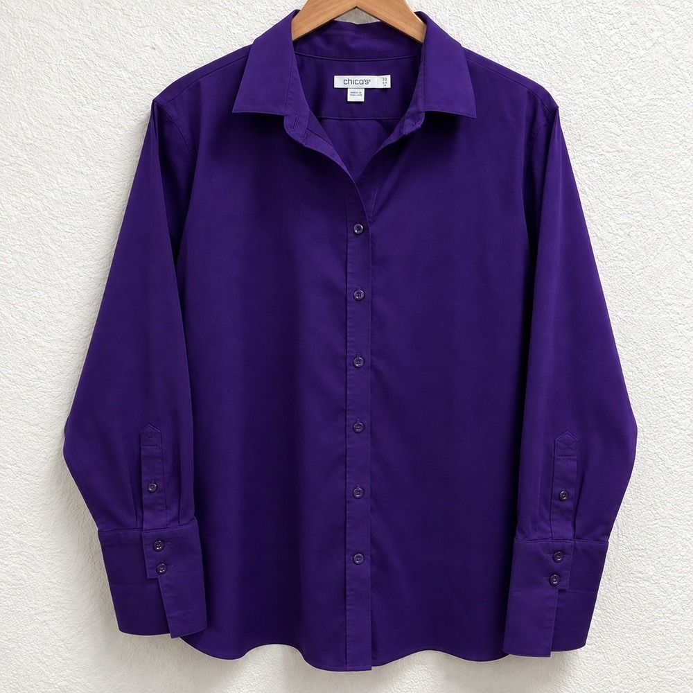 Chico's Purple Button Down Shirt Womens 2.5 US 14 Long Sleeve Stretch Blouse